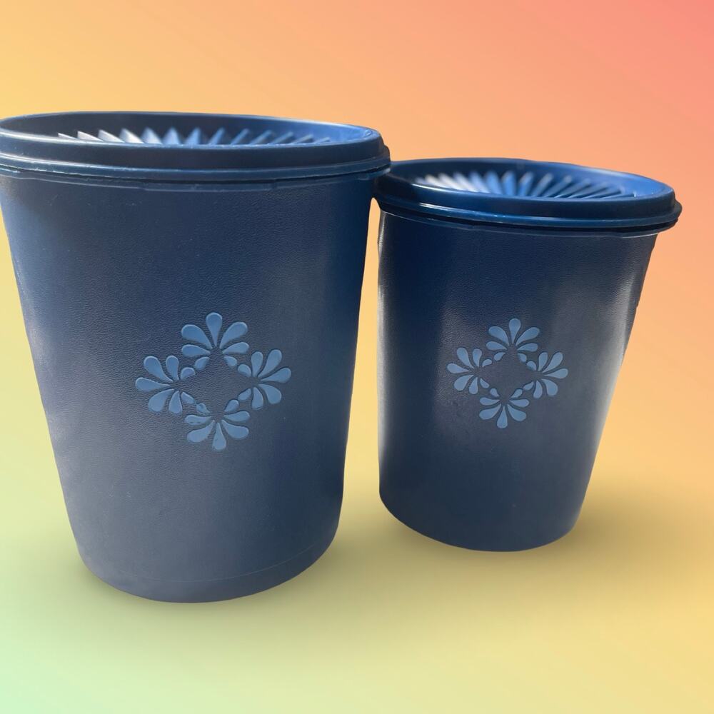 Tupperware Servalier Nesting Canister Set x2 Blue Floral Medallion 809 811 VTG